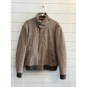 J. Riggings Brown Suede Leather Full Zip Bomber Jacket Hidden Zip Hood XL
